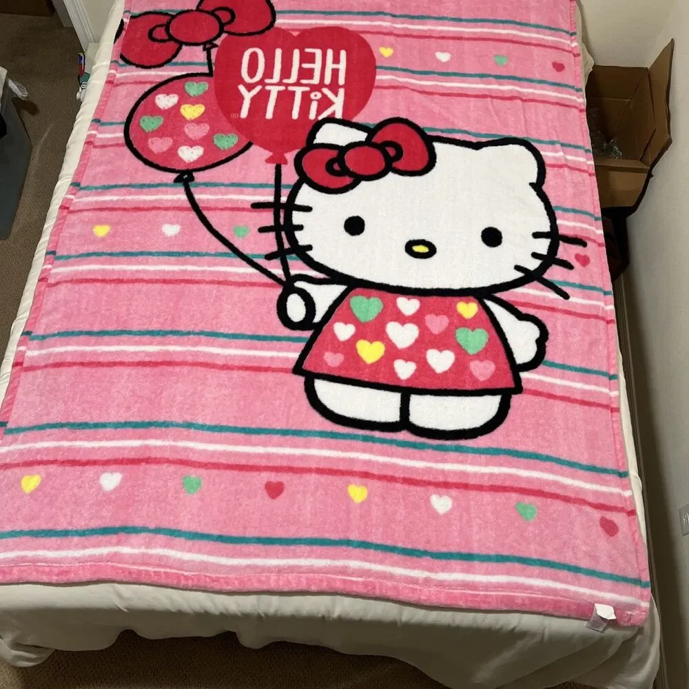 Hello Kitty Throw Blanket White Pink Oversized  Plush Fleece Soft 58X81”